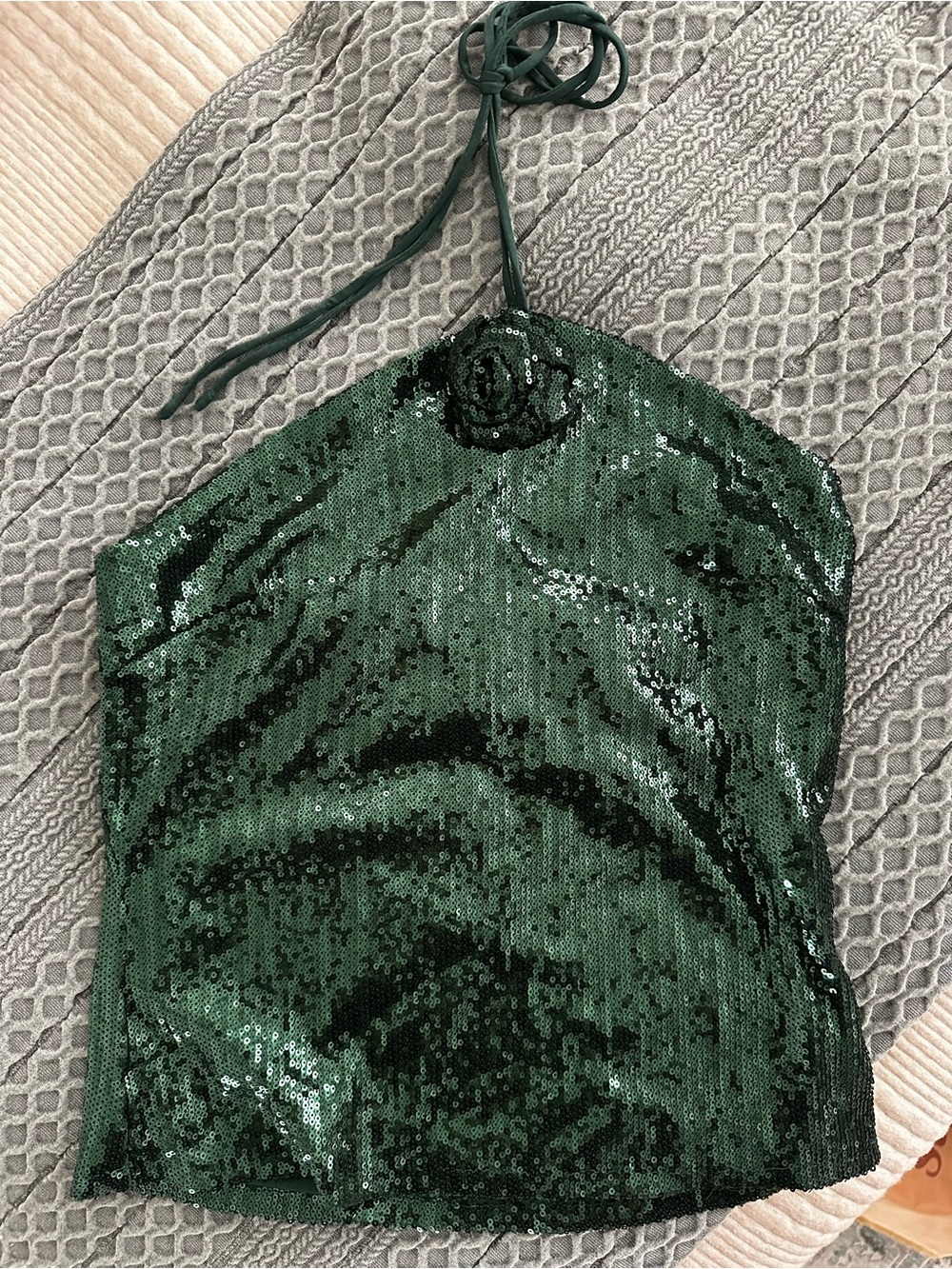 Selfie Leslie Emerald Green Sequin Halter Camisole with Rosette